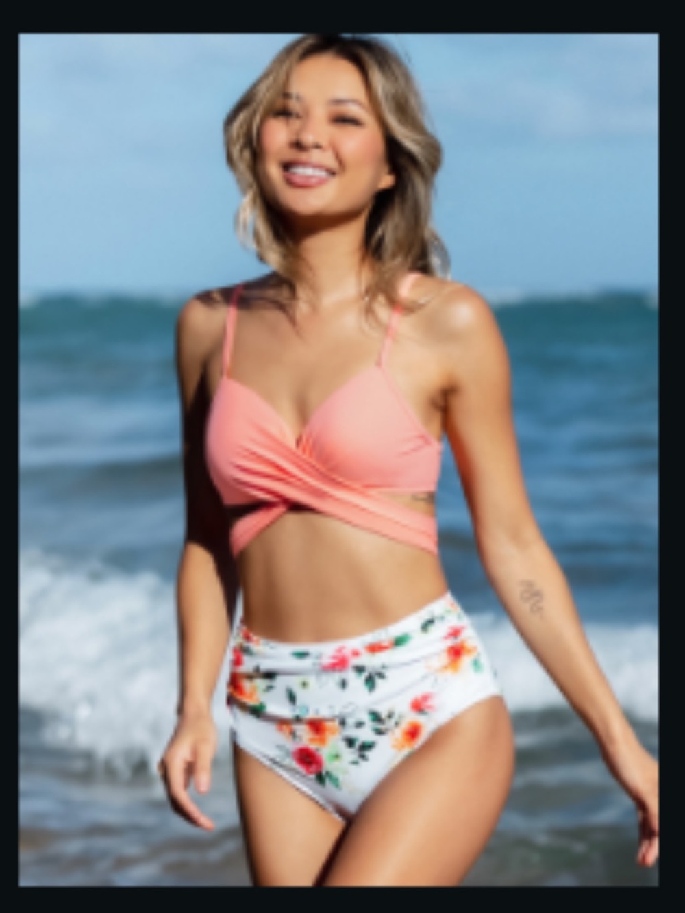 Coral/Pink Twist Bikini Top with Floral High-Waist Bottoms Large